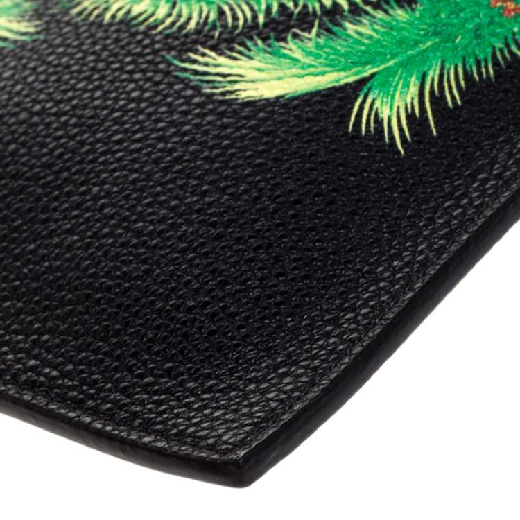 Pre Owned Versace Black Leather Floral Printed Wristlet Pouch