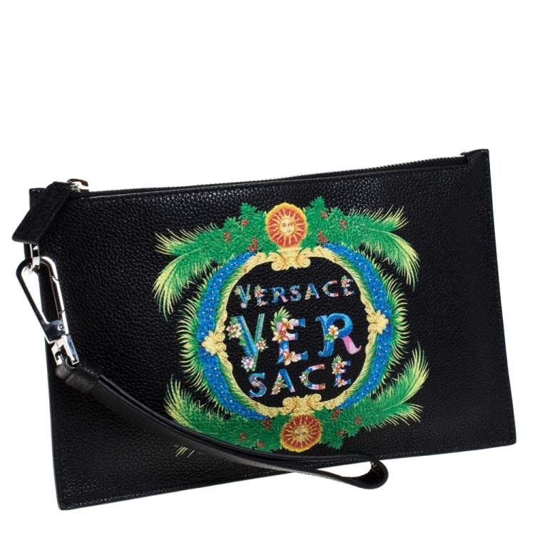 Pre Owned Versace Black Leather Floral Printed Wristlet Pouch