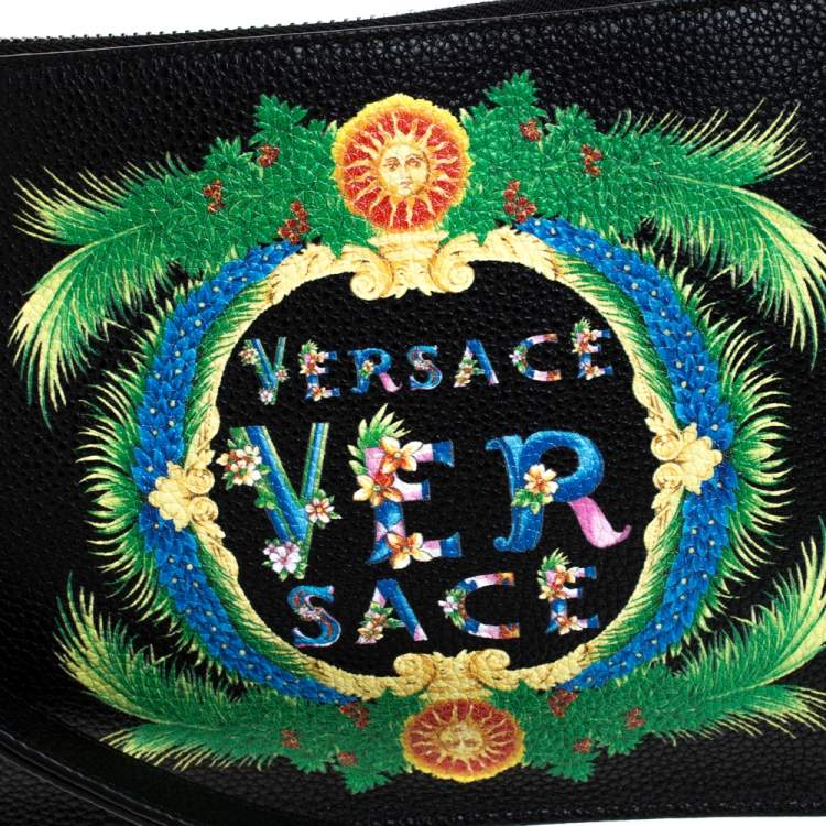 Pre Owned Versace Black Leather Floral Printed Wristlet Pouch