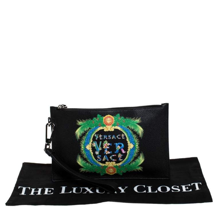 Pre Owned Versace Black Leather Floral Printed Wristlet Pouch
