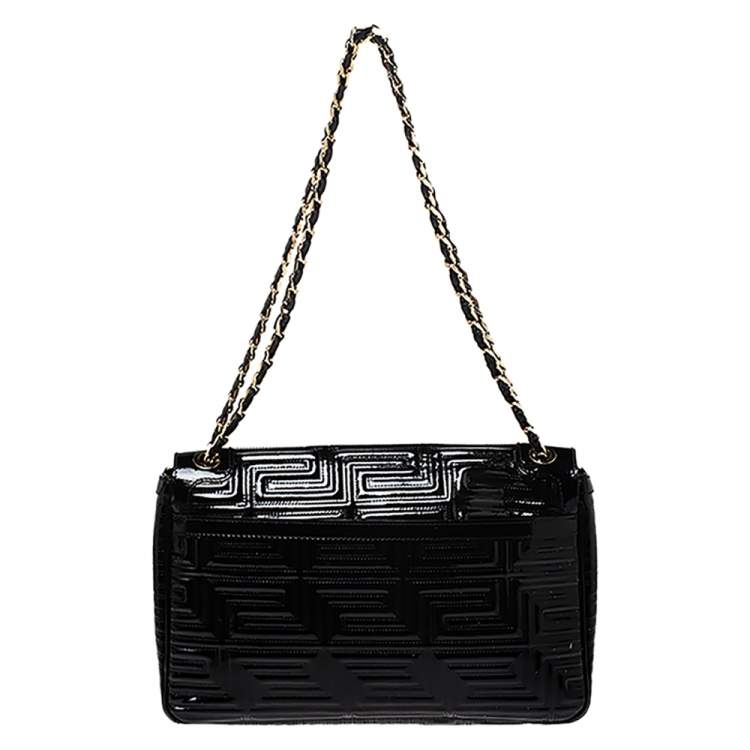 Pre Owned Versace Black Patent Leather Flap Shoulder Bag