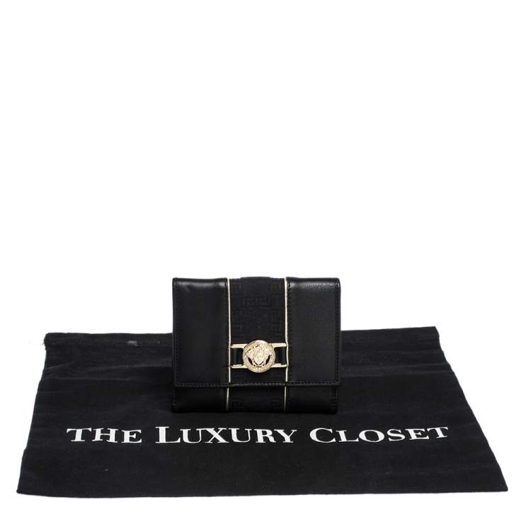 Pre Owned Versace Black Canvas and Leather Compact Wallet