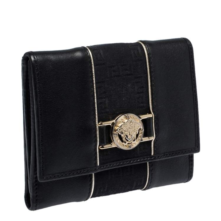 Pre Owned Versace Black Canvas and Leather Compact Wallet