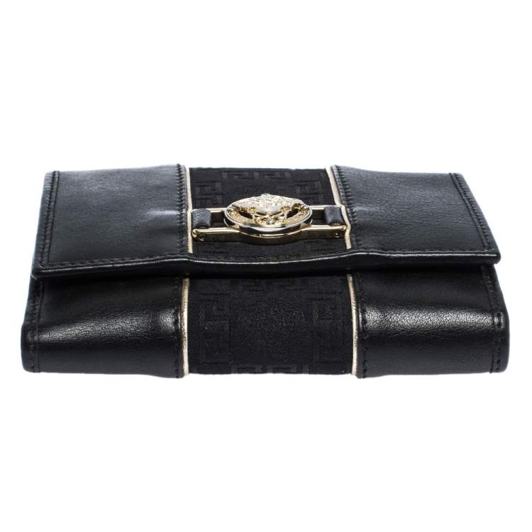 Pre Owned Versace Black Canvas and Leather Compact Wallet