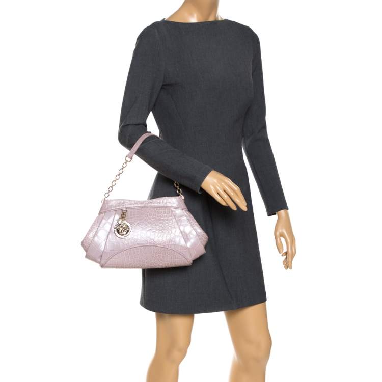 Pre Owned Versace Old Rose Croc Embossed Leather Shoulder Bag