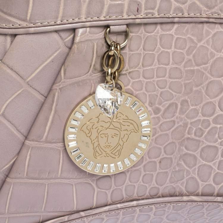 Pre Owned Versace Old Rose Croc Embossed Leather Shoulder Bag
