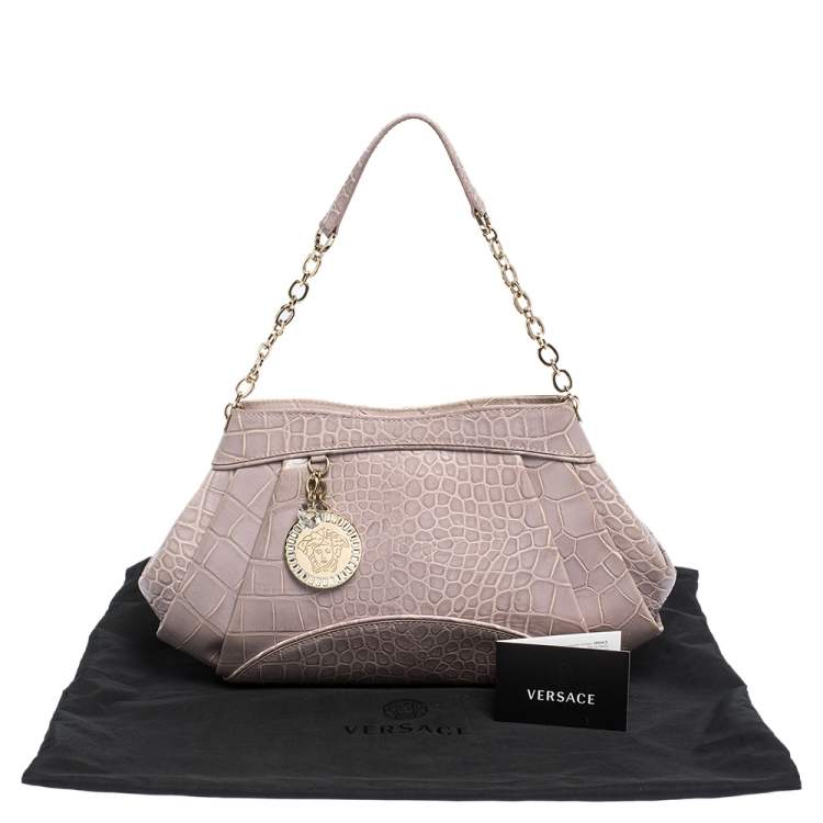 Pre Owned Versace Old Rose Croc Embossed Leather Shoulder Bag