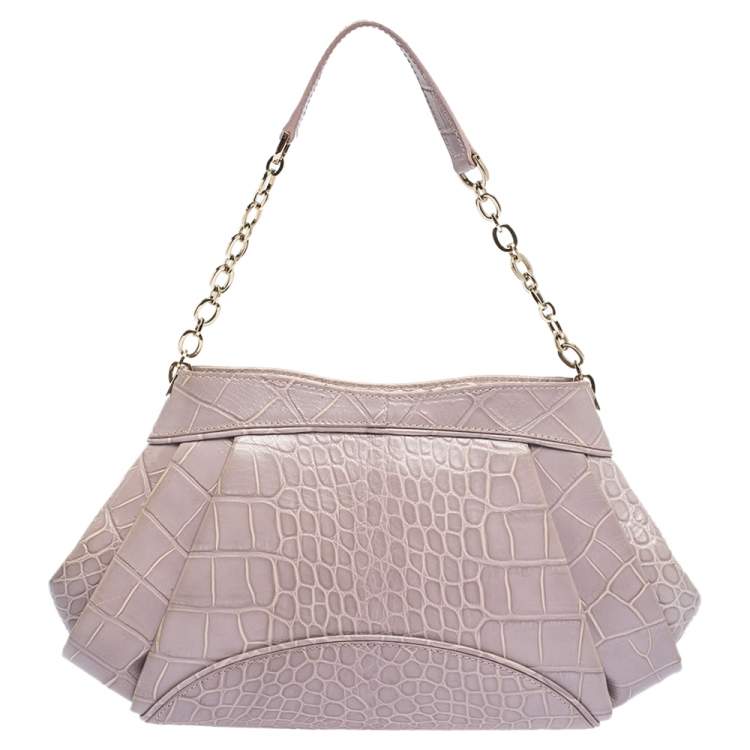 Pre Owned Versace Old Rose Croc Embossed Leather Shoulder Bag