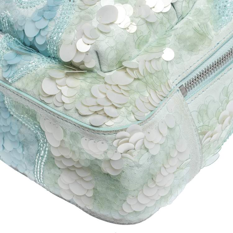 Pre Owned Versace Light Blue Suede and Leather Embellished Sequin Palazzo Medusa Backpack
