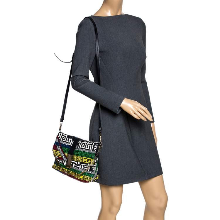 Pre Owned Versace Multicolor Quilted Leather Greek Crossbody Bag