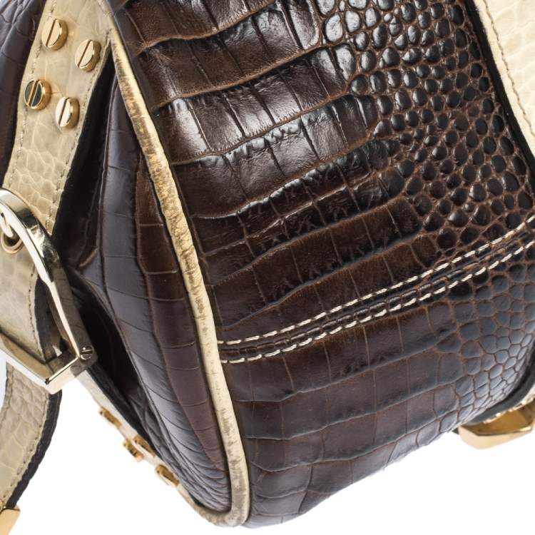 Pre Owned Versace Brown/Cream Croc Embossed Leather Medusa Satchel