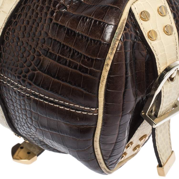 Pre Owned Versace Brown/Cream Croc Embossed Leather Medusa Satchel
