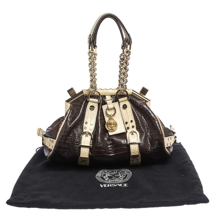 Pre Owned Versace Brown/Cream Croc Embossed Leather Medusa Satchel