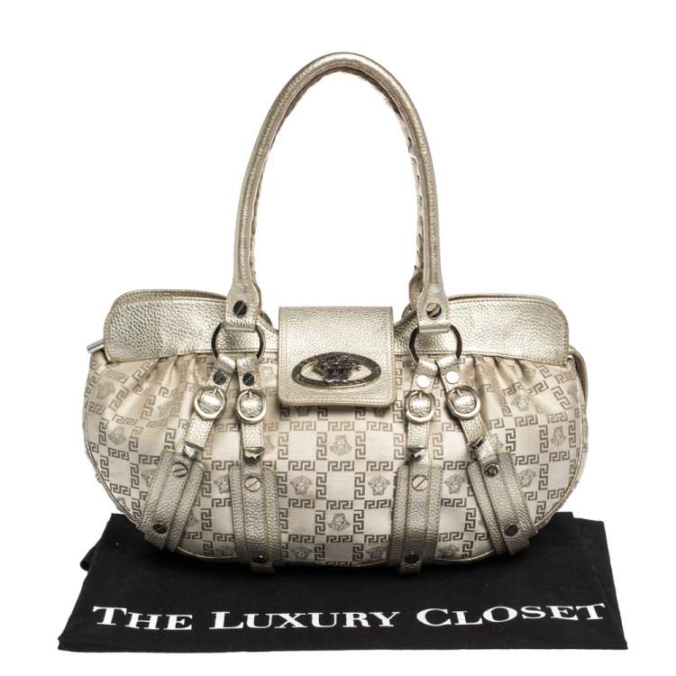 Pre Owned Versace Gold Signature Canvas and Leather Medussa Buckle Satchel