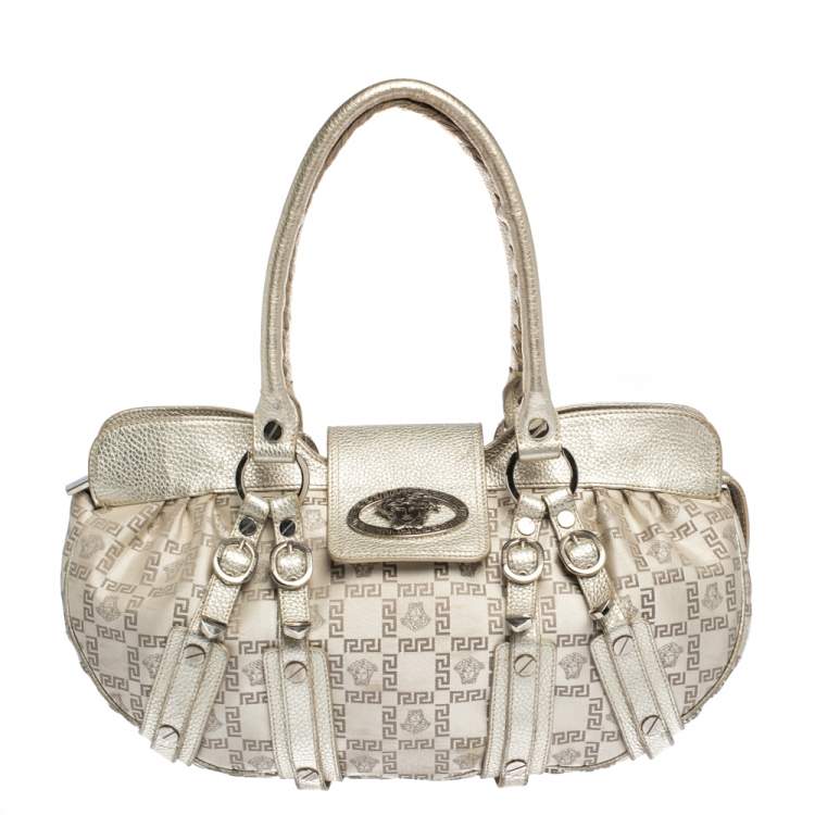 Pre Owned Versace Gold Signature Canvas and Leather Medussa Buckle Satchel
