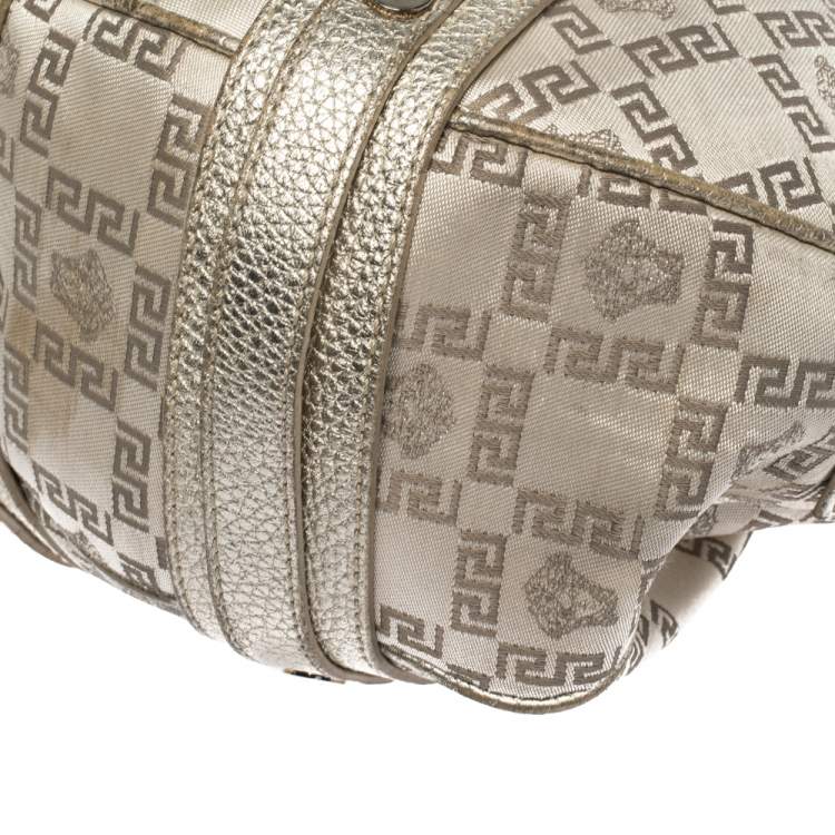 Pre Owned Versace Gold Signature Canvas and Leather Medussa Buckle Satchel