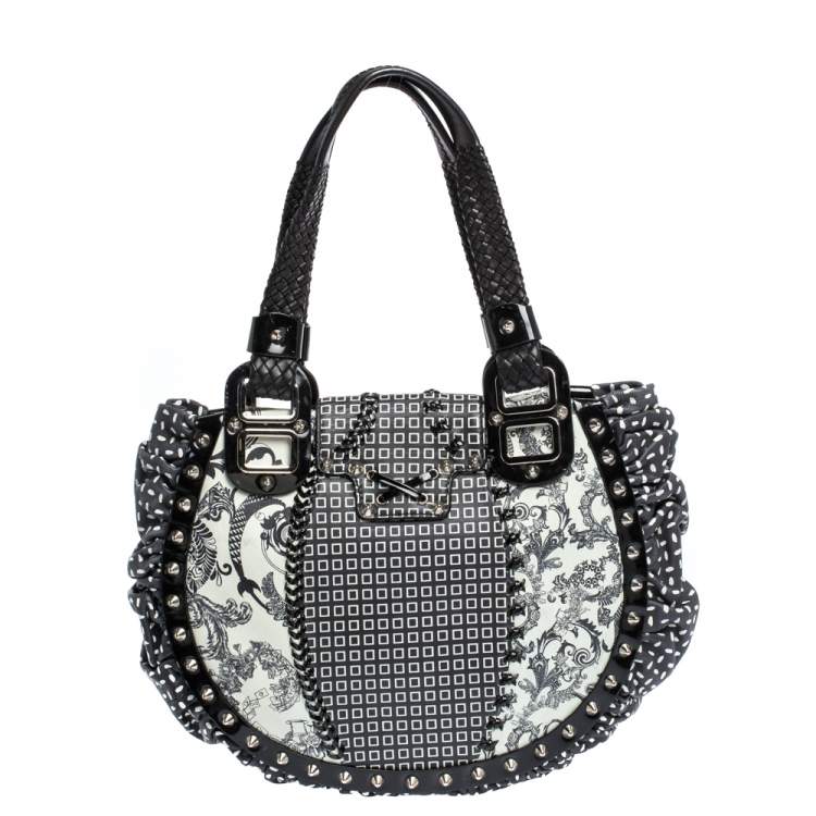 Pre Owned Versace Black/Green Printed Leather Studded Ruffle Hobo
