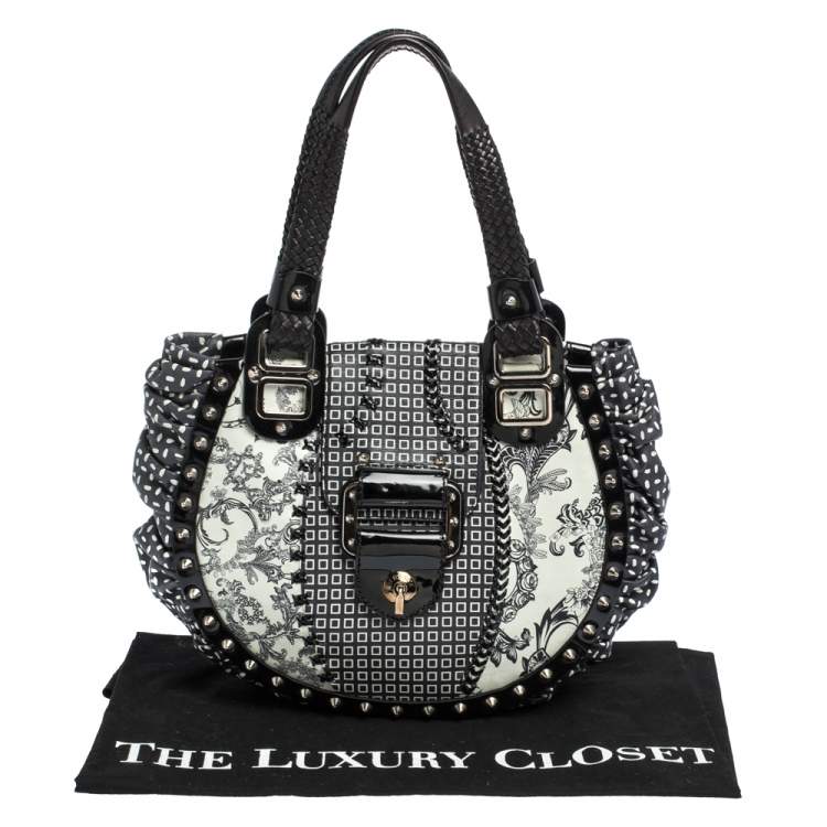 Pre Owned Versace Black/Green Printed Leather Studded Ruffle Hobo