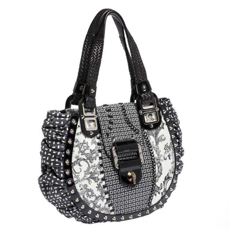 Pre Owned Versace Black/Green Printed Leather Studded Ruffle Hobo