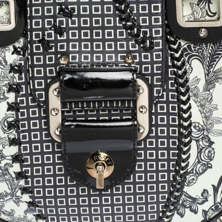 Pre Owned Versace Black/Green Printed Leather Studded Ruffle Hobo