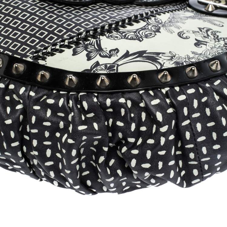 Pre Owned Versace Black/Green Printed Leather Studded Ruffle Hobo