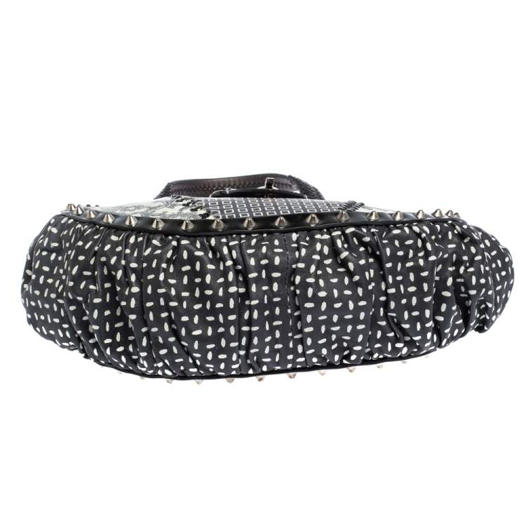 Pre Owned Versace Black/Green Printed Leather Studded Ruffle Hobo