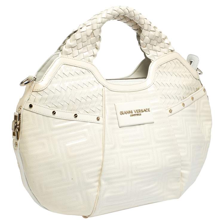 Pre Owned Versace Ivory Quilted and Woven Patent Leather Hobo