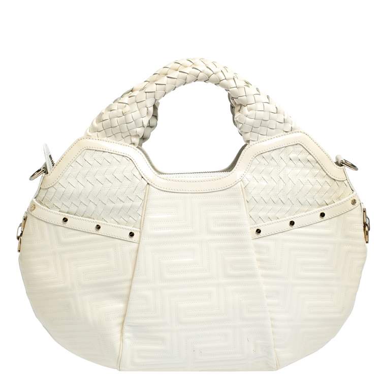 Pre Owned Versace Ivory Quilted and Woven Patent Leather Hobo