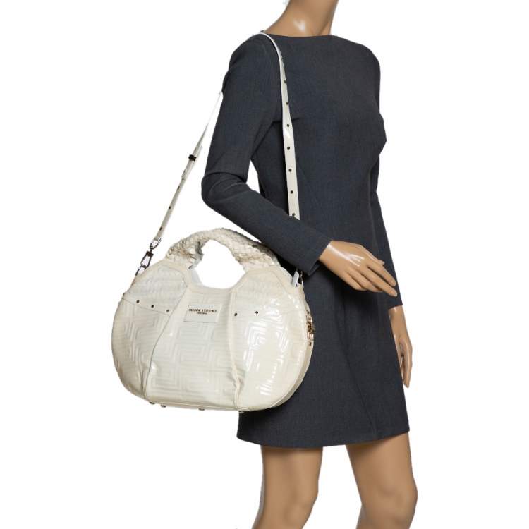 Pre Owned Versace Ivory Quilted and Woven Patent Leather Hobo