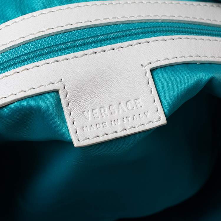 Pre Owned Versace White/Beige Medusa Print Fabric and Leather Double Pocket Expandable Shoulder Bag