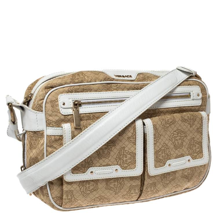 Pre Owned Versace White/Beige Medusa Print Fabric and Leather Double Pocket Expandable Shoulder Bag