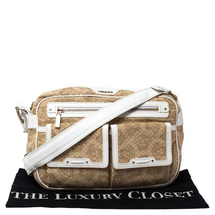 Pre Owned Versace White/Beige Medusa Print Fabric and Leather Double Pocket Expandable Shoulder Bag