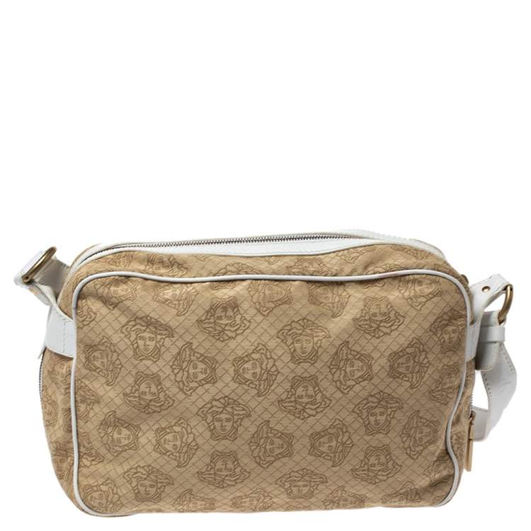 Pre Owned Versace White/Beige Medusa Print Fabric and Leather Double Pocket Expandable Shoulder Bag