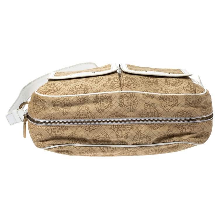 Pre Owned Versace White/Beige Medusa Print Fabric and Leather Double Pocket Expandable Shoulder Bag