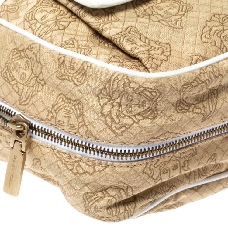 Pre Owned Versace White/Beige Medusa Print Fabric and Leather Double Pocket Expandable Shoulder Bag