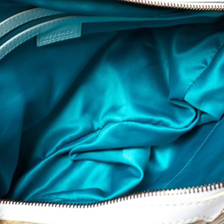 Pre Owned Versace White/Beige Medusa Print Fabric and Leather Double Pocket Expandable Shoulder Bag