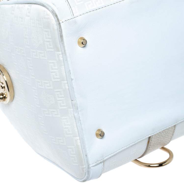 Pre Owned Versace White/Gold Signature Fabric and Leather Snap Out Of It Satchel