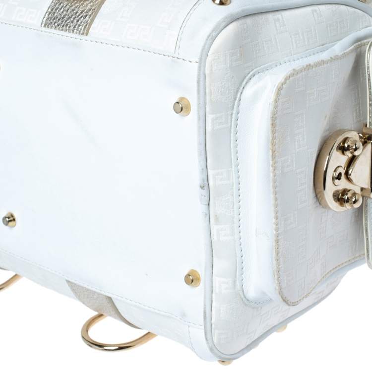 Pre Owned Versace White/Gold Signature Fabric and Leather Snap Out Of It Satchel
