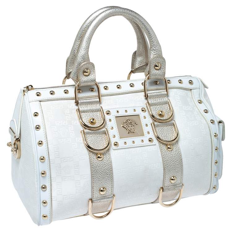 Pre Owned Versace White/Gold Signature Fabric and Leather Snap Out Of It Satchel