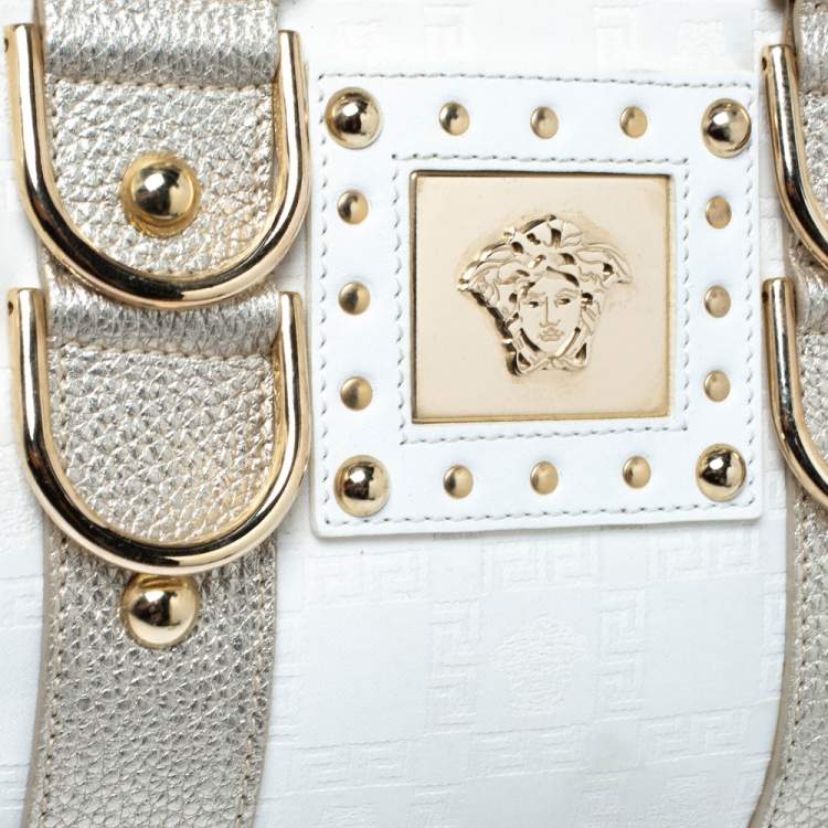 Pre Owned Versace White/Gold Signature Fabric and Leather Snap Out Of It Satchel