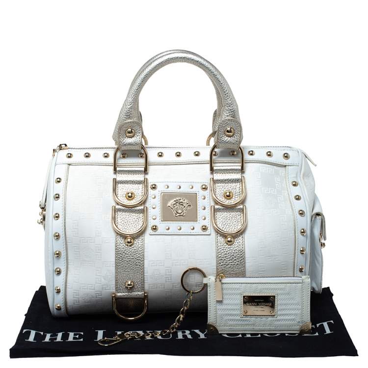 Pre Owned Versace White/Gold Signature Fabric and Leather Snap Out Of It Satchel