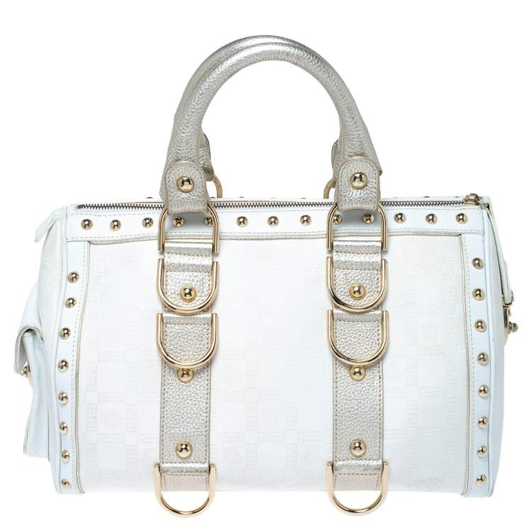 Pre Owned Versace White/Gold Signature Fabric and Leather Snap Out Of It Satchel
