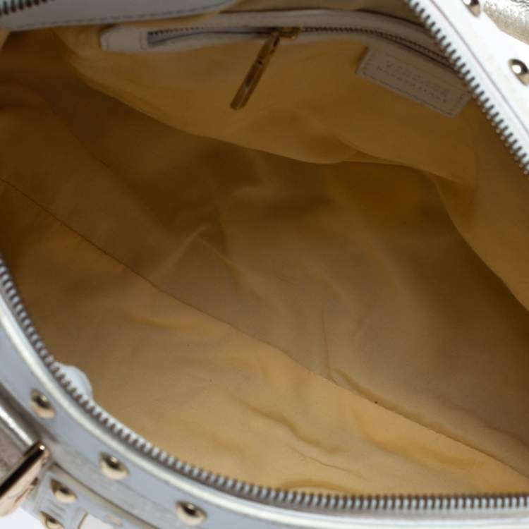 Pre Owned Versace White/Gold Signature Fabric and Leather Snap Out Of It Satchel