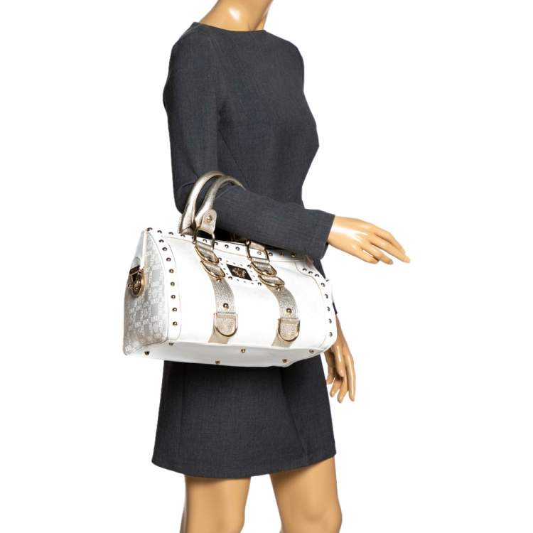 Pre Owned Versace White/Gold Signature Fabric and Leather Snap Out Of It Satchel