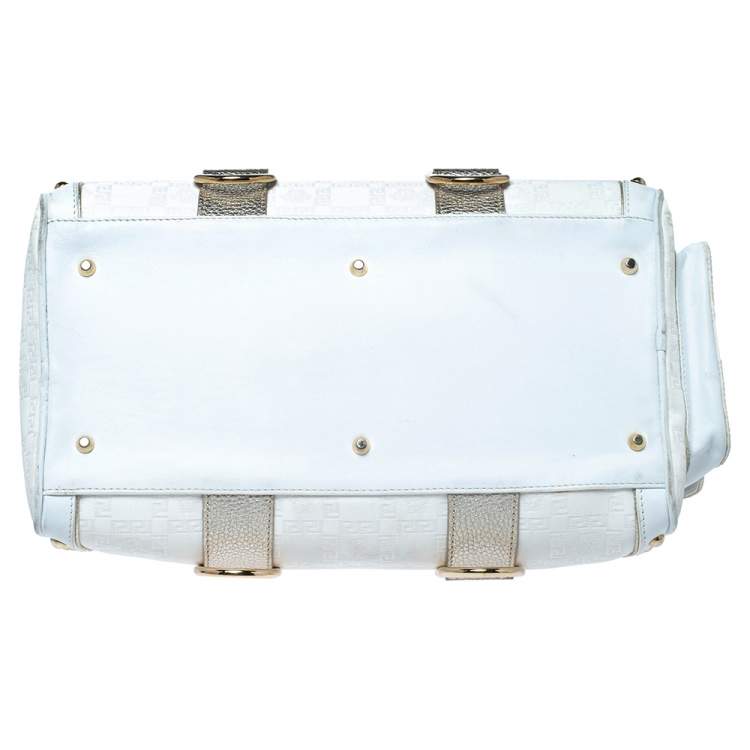Pre Owned Versace White/Gold Signature Fabric and Leather Snap Out Of It Satchel