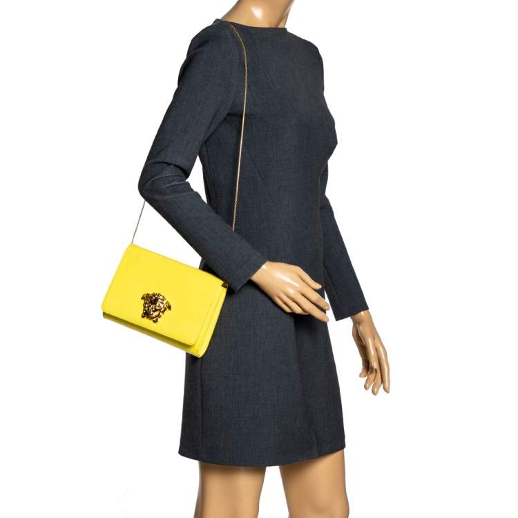 Pre Owned Versace Yellow Patent Leather Medusa Chain Clutch