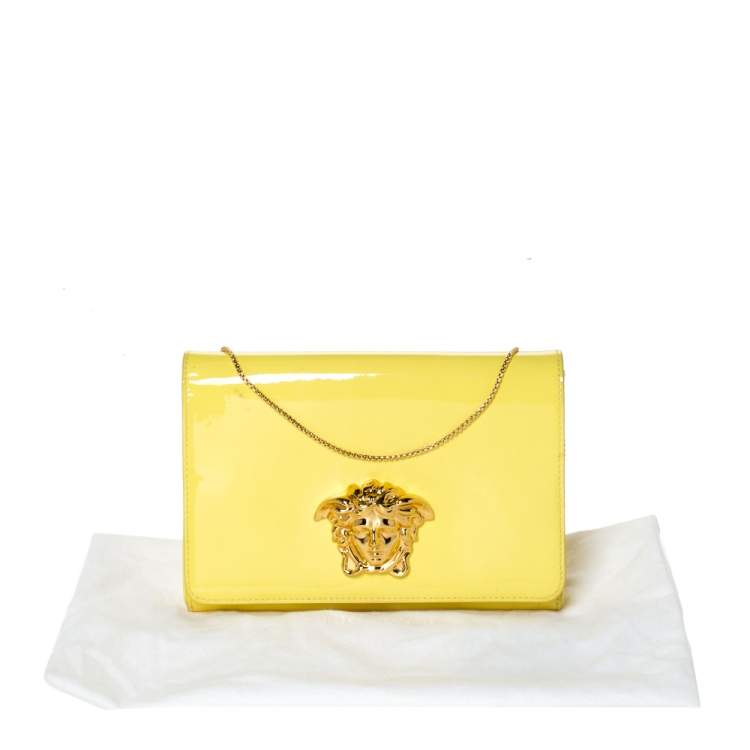Pre Owned Versace Yellow Patent Leather Medusa Chain Clutch