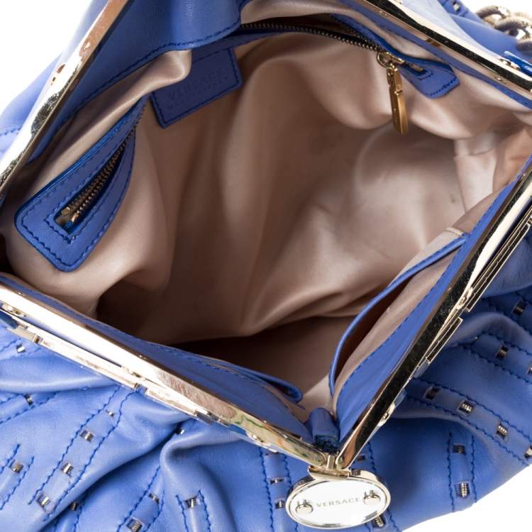 Pre Owned Versace Blue Leather Mirror Frame Chain Shoulder Bag