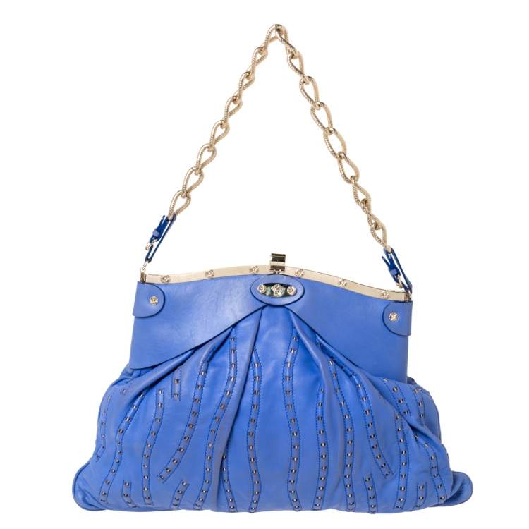 Pre Owned Versace Blue Leather Mirror Frame Chain Shoulder Bag