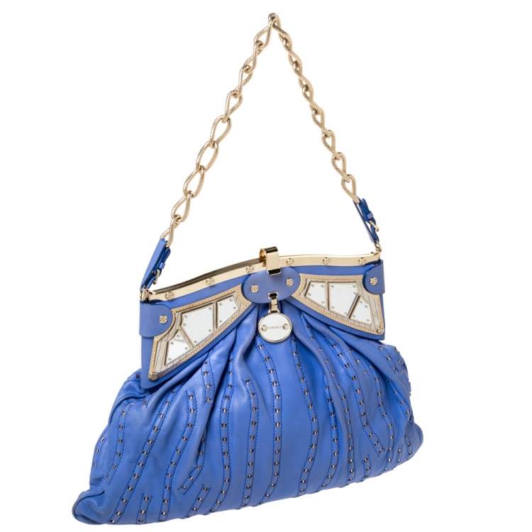Pre Owned Versace Blue Leather Mirror Frame Chain Shoulder Bag